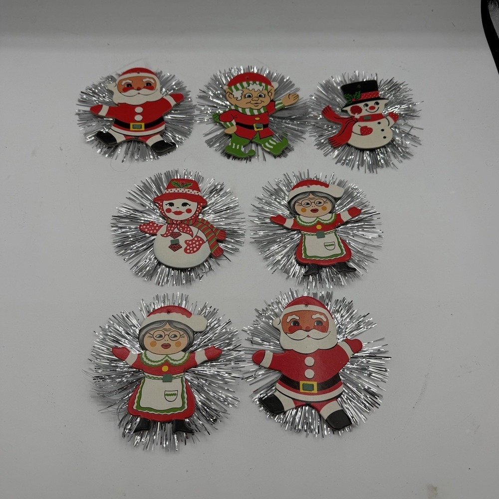 Set of 7 Cardboard Die Cut 4" Tinsel Christmas Ornaments Hong Kong Snowman Santa